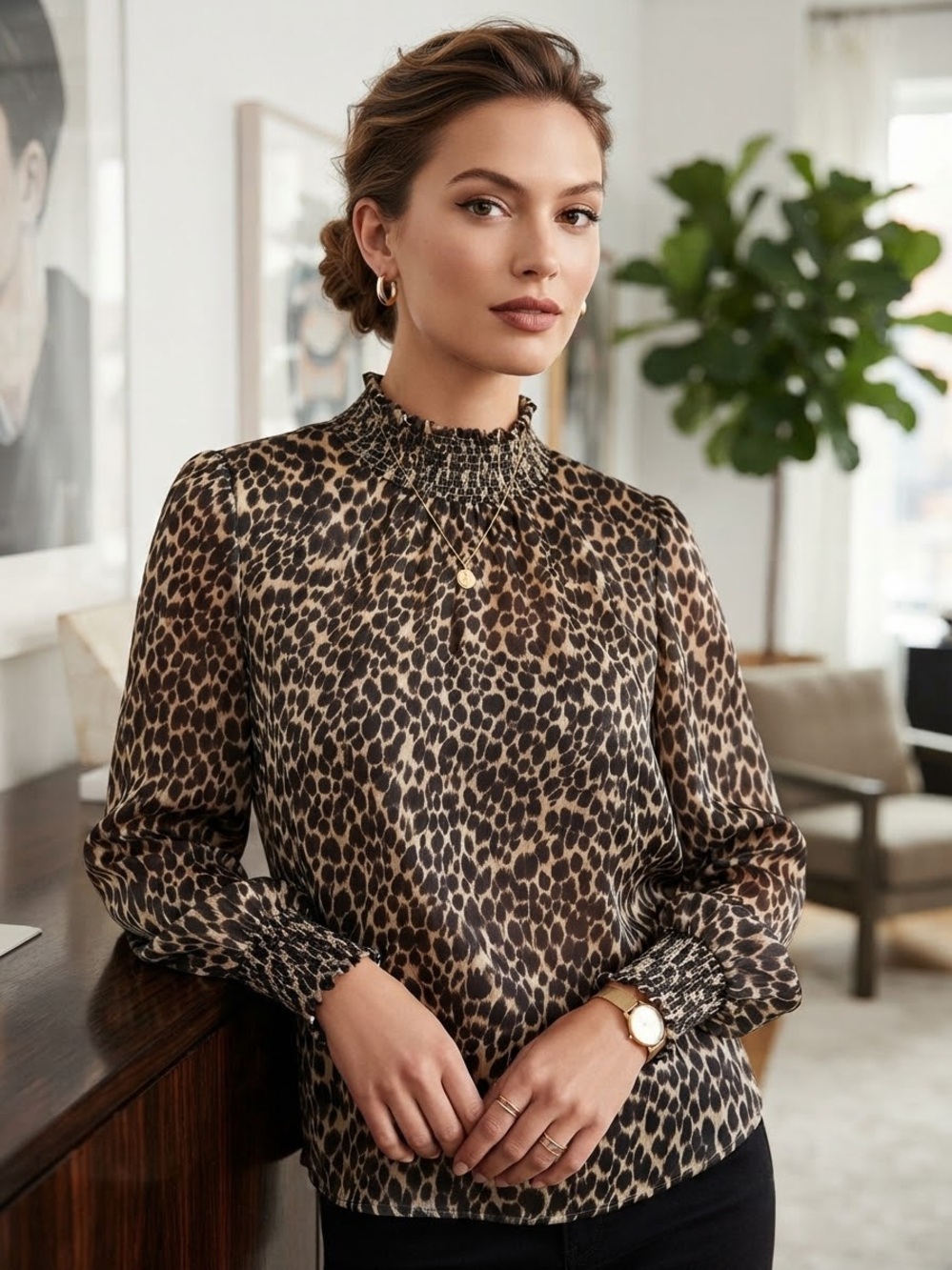 J. Crew Business Casual Leopard Smocked-Neck Blouse in Brown and Black